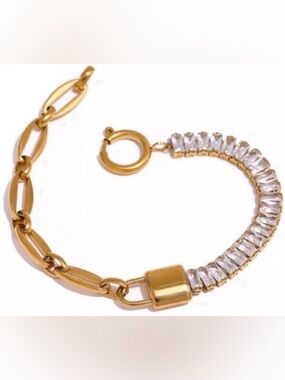 Gold Plated Waterproof Lock Chain Bling Cubic Zirconia Bracelet Sparkly